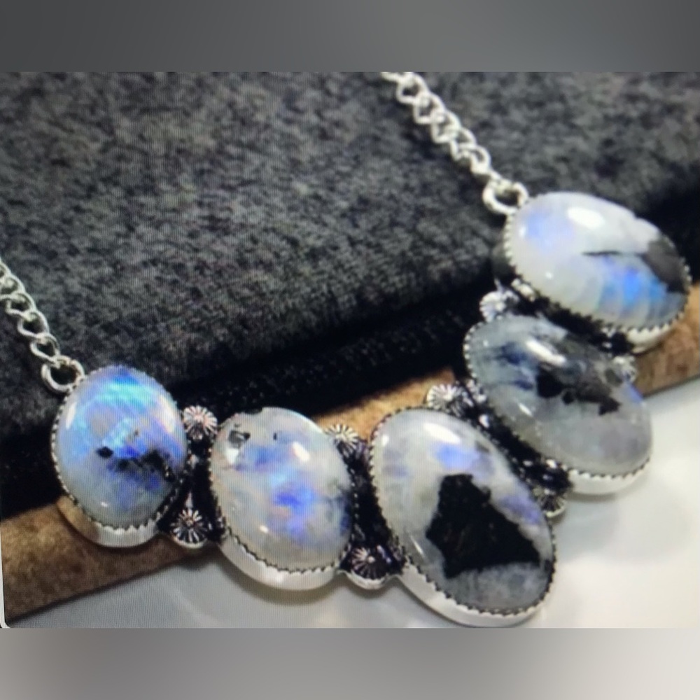 Rainbow Moonstone Stamped Solid 925 Sterling Silver Necklace